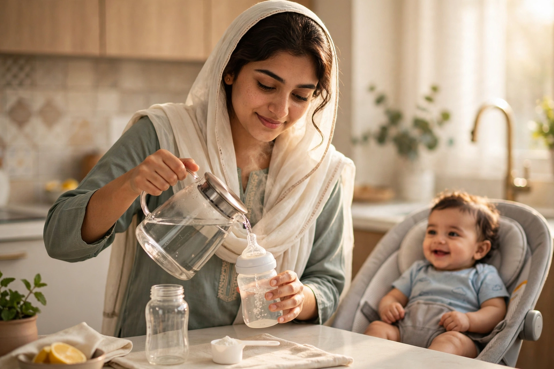 Pakistani mother preparing a baby bottle with boiled water in the kitchen