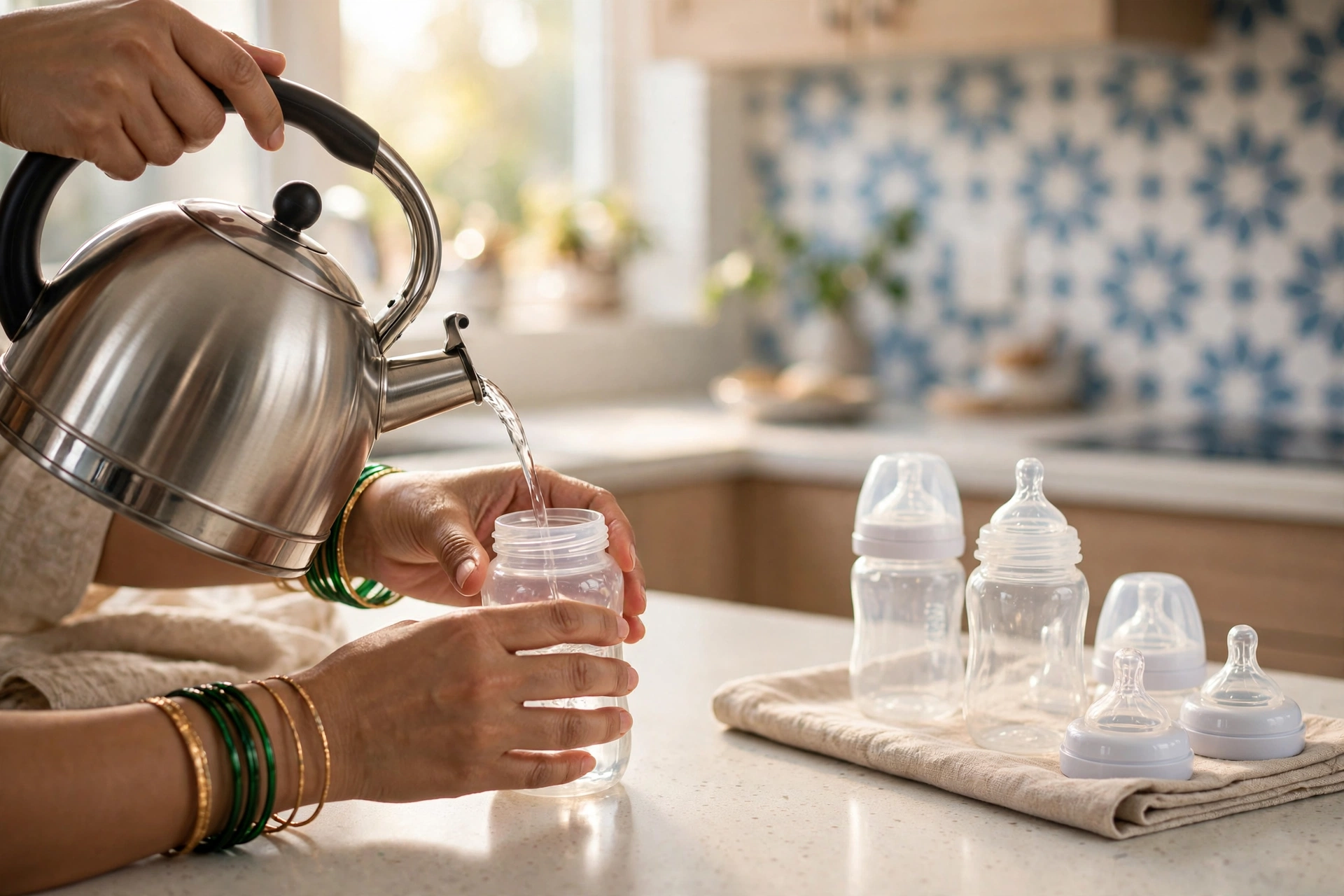 Offerings Mother preparing a baby bottle with boiled water in the kitchen